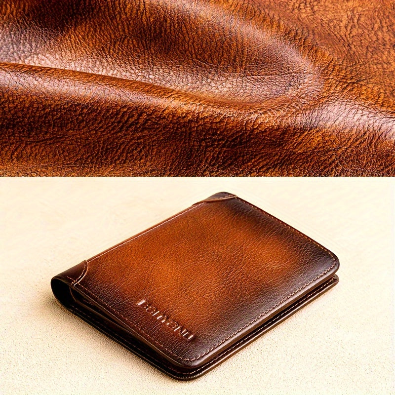 BANYANU Men'S Genuine Leather Short Wallet - Brown, Casual Style, Three-Fold Design, Multiple Card Slots, Anti-Theft Protection, Durable & Stylish for Everyday Use, Secure Card Holder | Casual Wallet | Genuine Leather Wallet