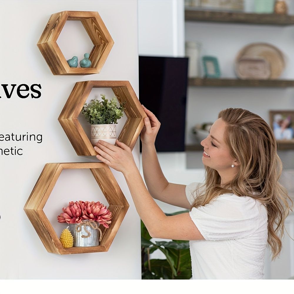Hexagonal Floating Wall Shelf Set 3 Small Medium Large Driftwood