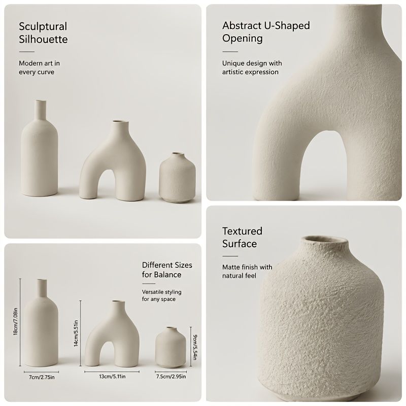 3-Piece Irregular Light Grey PLA Vase Set for Dried Flowers