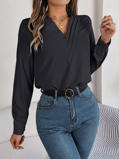 Women'S Elegant V-Neck Long Sleeve Shirt, Solid Color Polyester Blouse with Triple V-Cut, 95% Polyester 5% Elastane, Woven Fabric, 120g/m², for Spring/Summer/Fall - Adult
