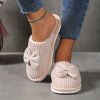 Cute Bowknot Soft Sole Fuzzy Slippers, Winter Cozy &amp; Warm Slip On Plush Shoes, Comfy Closed Toe Home Slippers