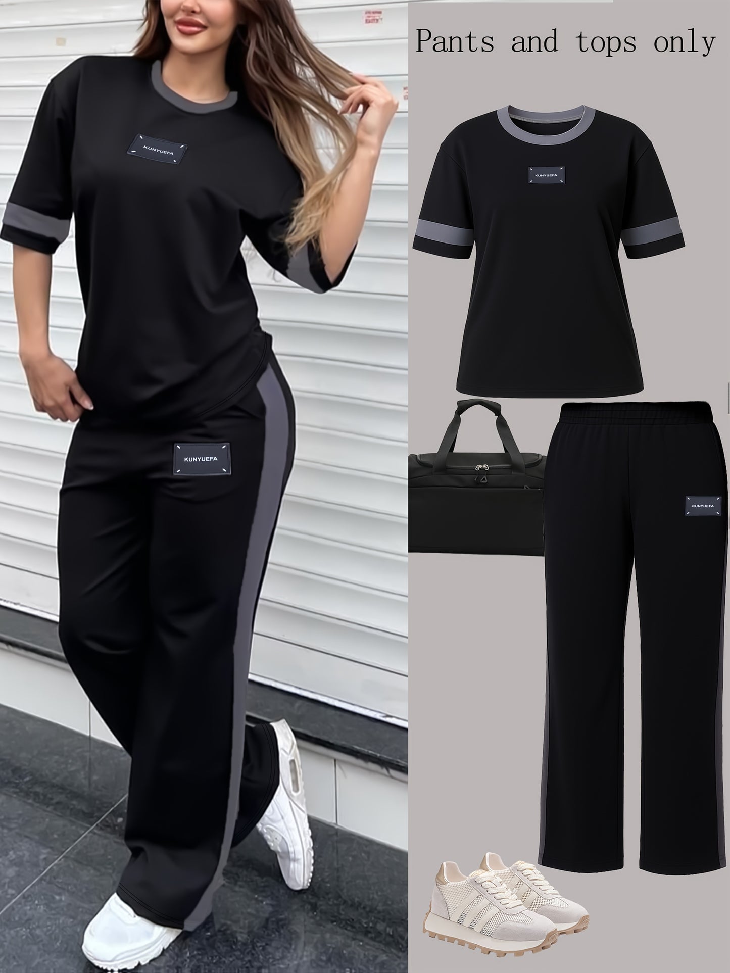 Autumn Fashion Trend: Color-Block Round Neck Short Sleeve T-Shirt + Casual Loose-Fit Elastic Waist Straight-Leg Pants Women's Two-Piece Set