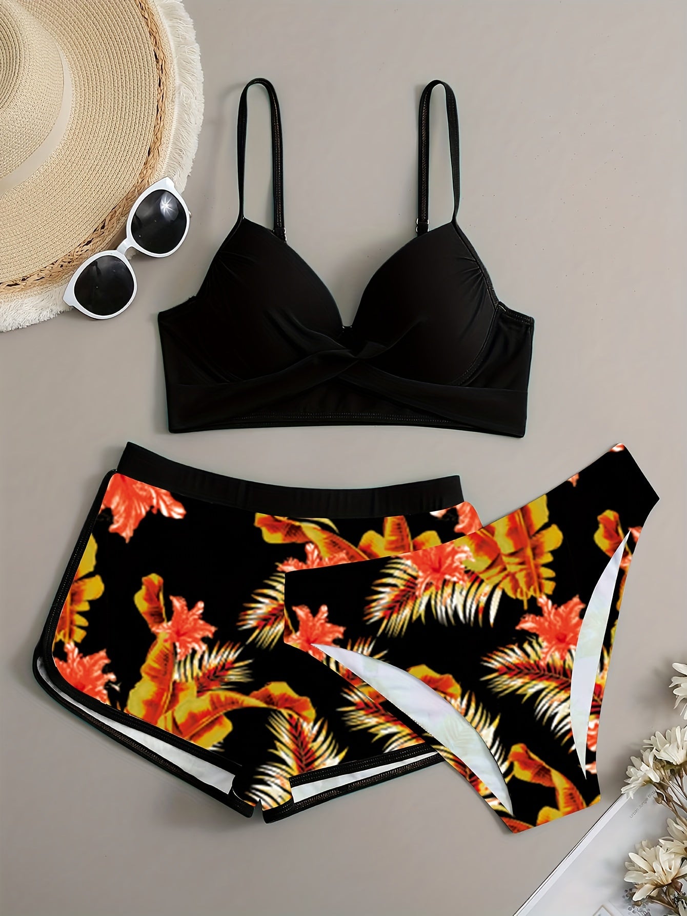 Floral Leaf Print Stretchy 3 Piece Set Swimsuits, Cross Spaghetti Strap Push Up Bikini & Boxer Shorts, Women's Swimwear & Clothing
