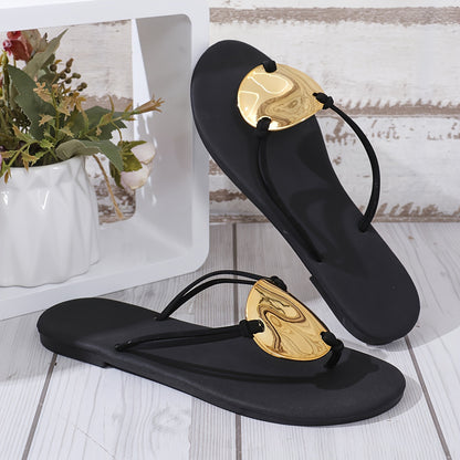Women'S Black & Golden Flip-Flops - Stylish Summer Beach Slides with Crisscross Straps, Synthetic Cover Upper & Rubber Sole, Comfortable Flat Heel for Casual Wear, Beach Shoes, Indoor Footwear, Crisscross Strap Design, Durabl