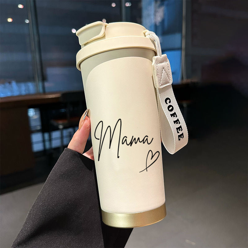 1pc 530ml Insulated Coffee Cup with Straw & Straw Holder - Skull & Heart Design, Leakproof Travel Mug, Detachable Strap, Hot/Cold Thermos for Home, Office, Gifts - Name/Text, Durable Portable Cup for Hot & Cold Drinks