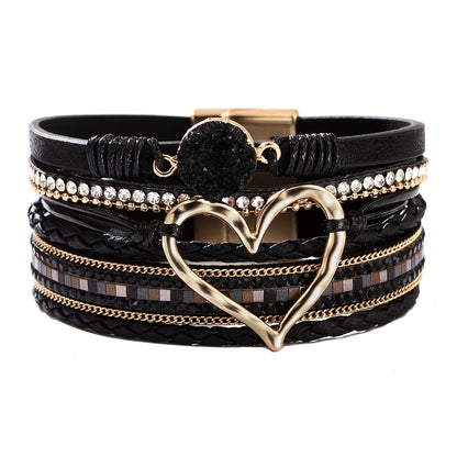 Bohemian Multi-layer Leather Bracelet Hand-woven Bracelet Golden Big Heart Ladies Fashion Bracelet