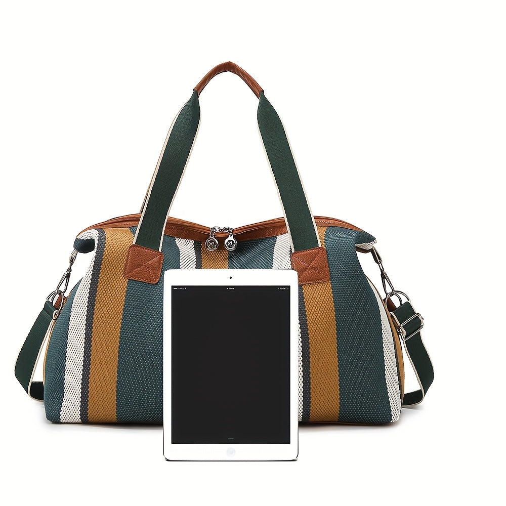 HUOHUO Women's Large Capacity Retro Striped Travel Handbag & Carry-On Luggage - Lightweight Nylon Suitcase with Adjustable Strap, Golden-Tone Hardware, Zipper Closure & Lining - Casual & Formal Use for Airplane, Train, Car Tr