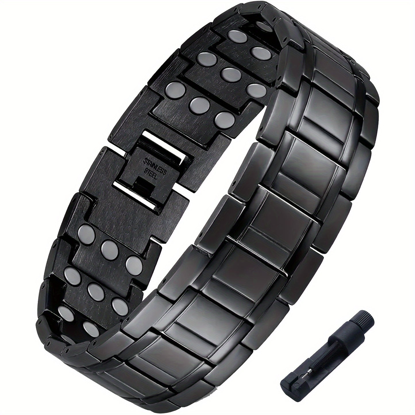 Pulseira magnética para homem em aço titânio com ímanes de 3500 Gauss – Design texturizado preto, presente elegante para o Dia do Pai, acessório de bem-estar | Estilo sofisticado | Joia durável, joia magnética