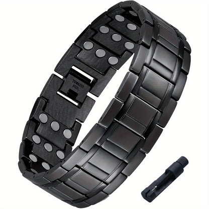 Pulseira magnética para homem em aço titânio com ímanes de 3500 Gauss – Design texturizado preto, presente elegante para o Dia do Pai, acessório de bem-estar | Estilo sofisticado | Joia durável, joia magnética