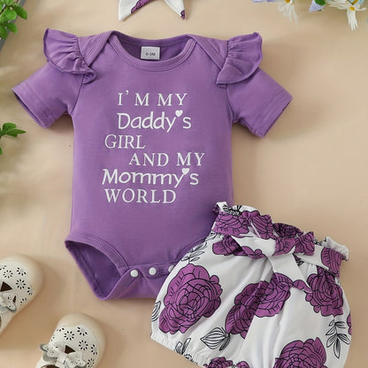 3pcs Short Sleeve &amp; Shorts Set for Newborns - "I'm Daddy's Girl" Letter Print Pants and Headband, Mommy's World Alphabet Kids' Outfit, Perfect for Outdoor