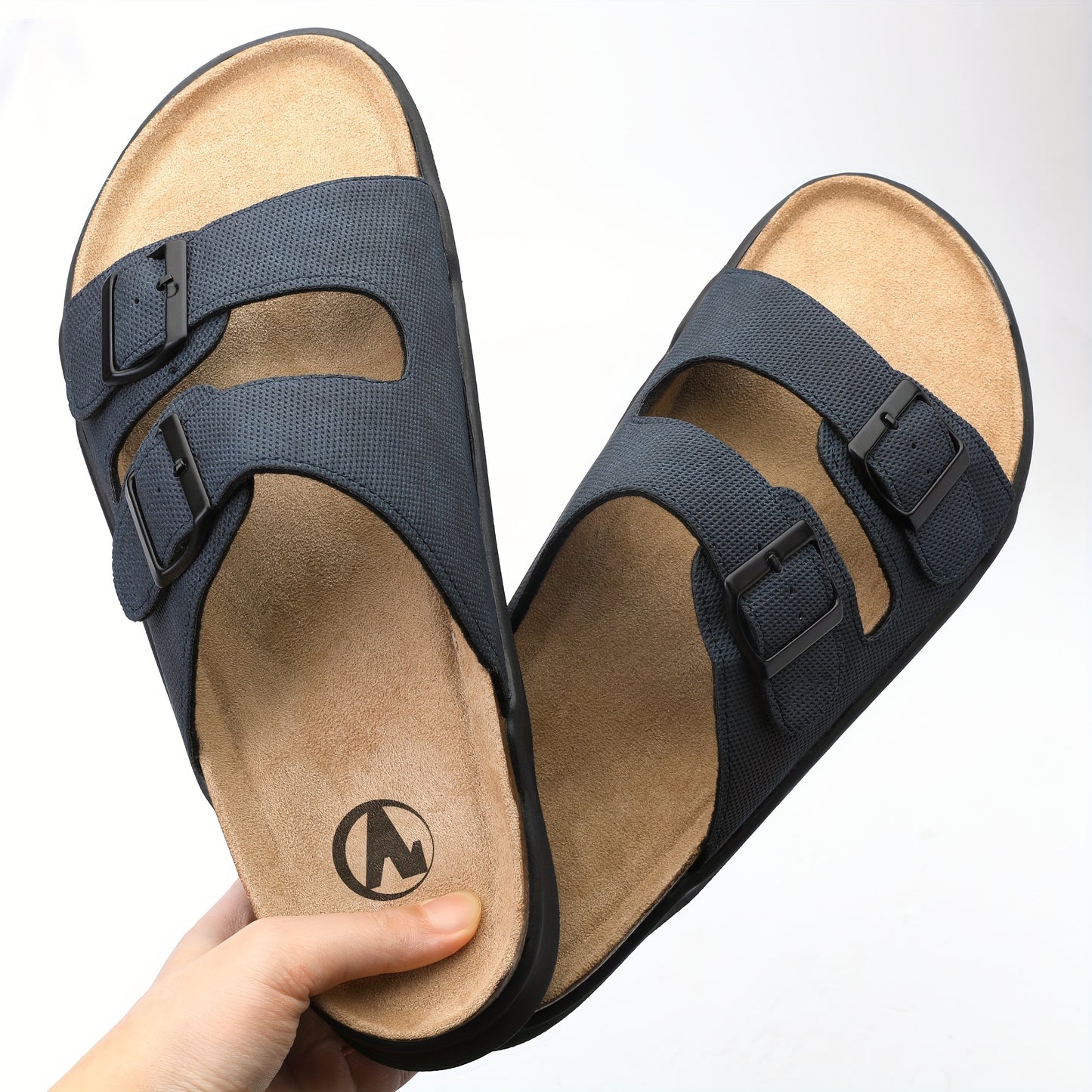 Men's Trendy Open Toe Breathable Slippers With Double Buckle Straps, Comfy Non Slip Casual Slides, Men's Summer Walking Shoes