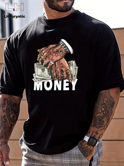 T-shirt de gola redonda para homem com estampado de dinheiro e mãos em estilo cartoon, t-shirt casual e confortável para o verão, ideal para usar no dia a dia em resorts e férias.
