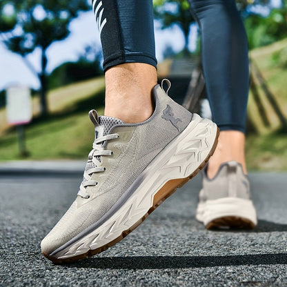 Calçado desportivo para homem para todas as estações, sola macia MD, topo em malha respirável, design leve, sola grossa, calçado moderno para corrida, viagens, caminhadas e campismo.