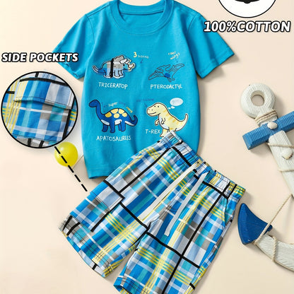 2pcs Set Kids Cotton Cartoon Dinosaur Short Sleeves Tshirt & Breathable Comfy Drawstring Plaid Shorts