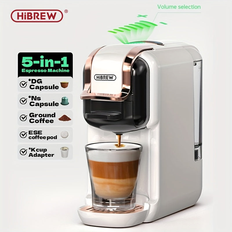 HiBREW 5-in-1 -in-One Coffee Machine: Espresso, Cappuccino, Latte, Drip, Capsule & Ground Coffee Maker with ESE/NS/DS/K-Cup Pods, 1450W System, Semi- Operation, European Plug (220-240V), Coffee Maker Machine, Espresso Coffee