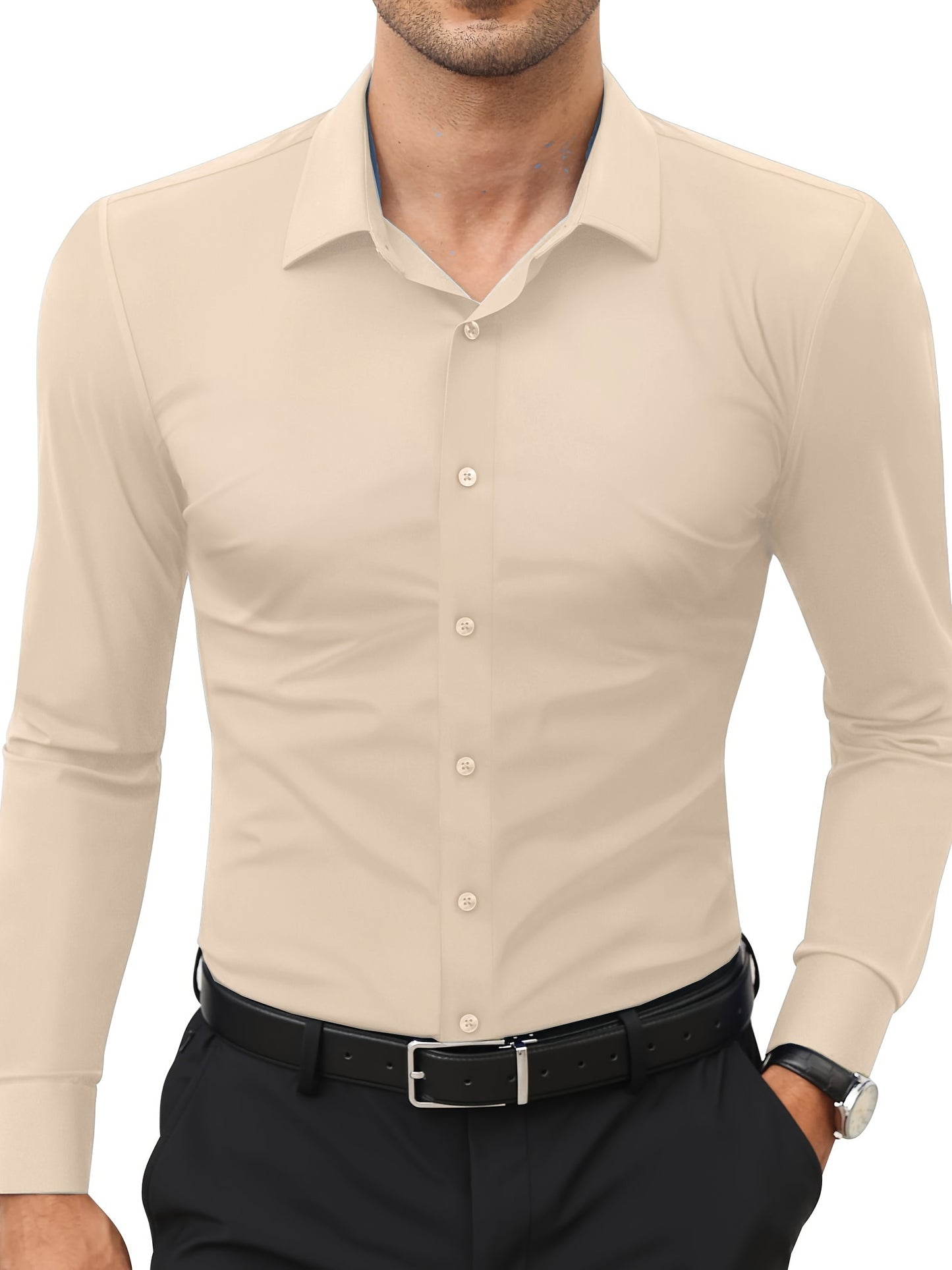 Camisola de homem de manga comprida com corte slim - 55% algodão, 40% poliéster, 5% elastano, cor lisa, para todas as estações, tecido plano, fecho com botões, gola de lapela, ideal para o fim de semana, 125 g/m²
