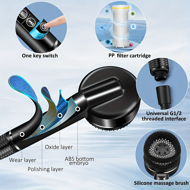 Chuveiro Prague Piano Key: Tubo denso de alta pressão de 1,5 m, mangueira de chuveiro de parede sem furos e conjunto de pulverizador de mão para uso doméstico.