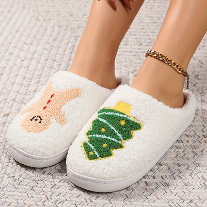 Pantufas felpudas com estampado de árvore de Natal, chinelos de inverno fechados e quentinhos para usar em casa, pantufas aconchegantes de sola macia e felpuda.