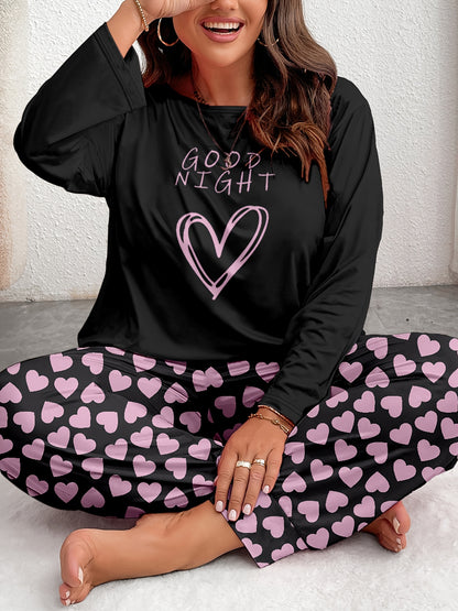 Women's Comfort Plus Size Heart Print Pajama Set - Long Sleeve and Pants, Soft Polyester Loungewear, Machine Washable, Autumn, Oversized, Heart Pattern, Long Sleeve Sleepwear Set