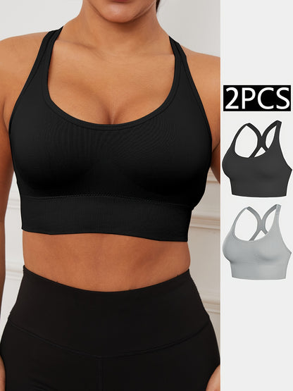 2pcs Stretchy Solid Racer Back Sports Bra, Comfy & Breathable Push Up Fitness Bra, Women's Lingerie & Underwear