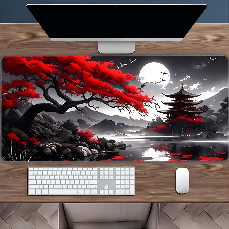 1pc, Traditional Japanese Landscape Mouse Pad, 59.94 x 34.8 cm, Extended Size, Durable Rubber Base, Non-Slip, HD Printed Antique Attic Design, Office & Gaming Mousepad, Durable Stitching, Ideal Gift for Gamers & Office Use