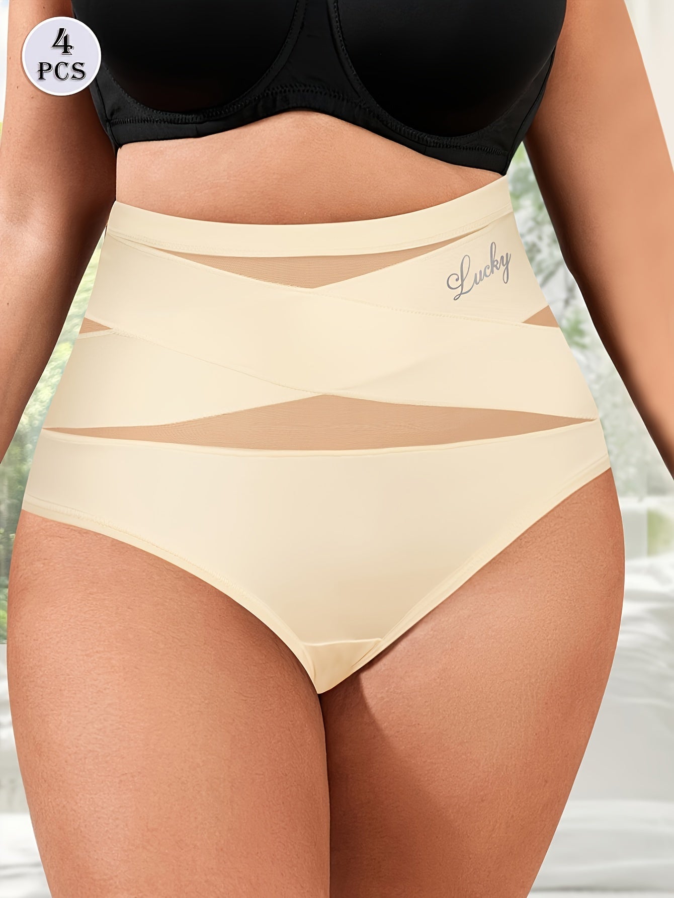 4pcs Plus Size High-Waist Tummy Control Women's Panties, Breathable Mesh Seamless Cross Detail Shapewear Briefs