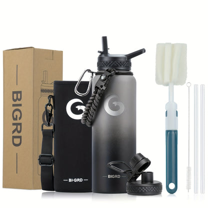 1pc BIGRD 40Oz 64Oz Insulated Water Bottle 304 Stainless Steel Spray Coating Dishwasher Safe, with 2 Lids, Sling Cup Sleeve, Hand-Held Braided Rope, Cup Brush, 2 Straws And Straw Brush, Color Box Packaging