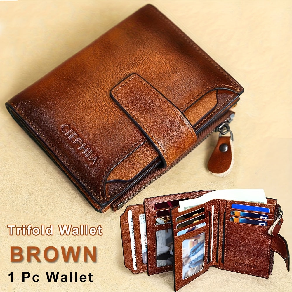 1pc CIEPHIA Men's Genuine Leather Wallet - RFID Blocking -Theft, Vintage Brown (Dark tan/, with Zipper Closure, 17-Card Holder, Coin Pocket, ID Window, Multi-Compartment - Heavy-Duty Full-Feature Wallet for Men, Ideal Gift fo