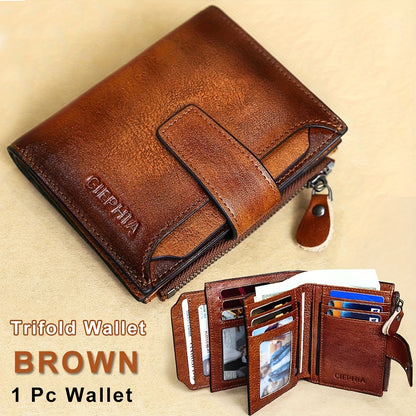 1pc CIEPHIA Men's Genuine Leather Wallet - RFID Blocking -Theft, Vintage Brown (Dark tan/, with Zipper Closure, 17-Card Holder, Coin Pocket, ID Window, Multi-Compartment - Heavy-Duty Full-Feature Wallet for Men, Ideal Gift fo