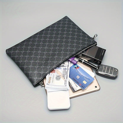 Men'S Stylish Black Synthetic Clutch Bag with Hexagonal Pattern & Card Slots - Perfect for Keys, Phone, Tablet, and Cards - Durable Zipper Closure for Everyday Use