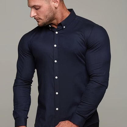 Camisa de homem de manga comprida, corte slim, cor sólida, tecido elástico de secagem rápida e fecho de botões. Ideal para atividades físicas na primavera e no outono.