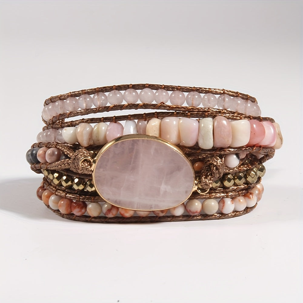 Bohemian Style Handmade Beaded Bracelet, Natural Stone Glass Wax Rope 5-Strand Wrap Bracelet for Women