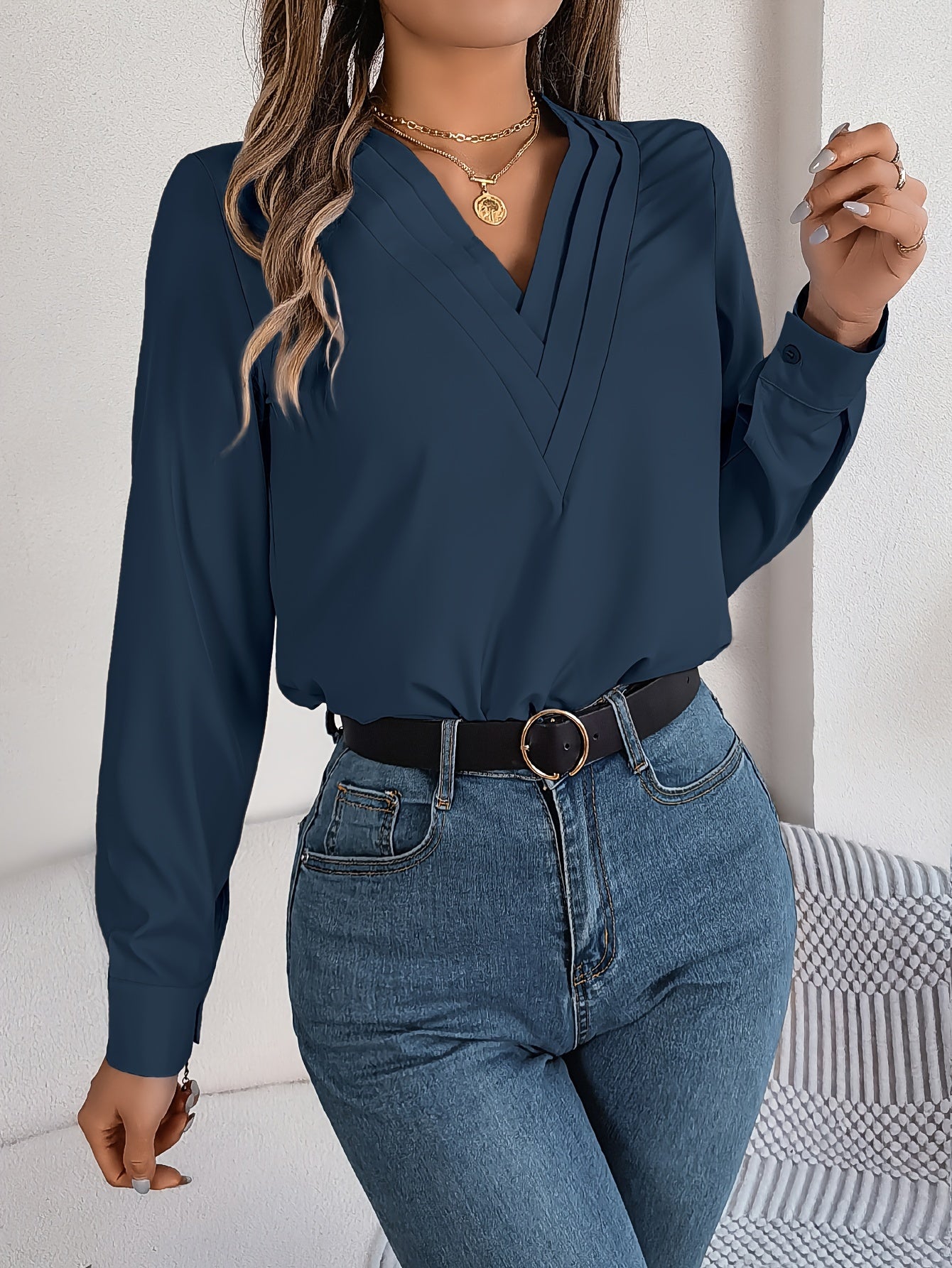Women'S Elegant V-Neck Long Sleeve Shirt, Solid Color Polyester Blouse with Triple V-Cut, 95% Polyester 5% Elastane, Woven Fabric, 120g/m², for Spring/Summer/Fall - Adult