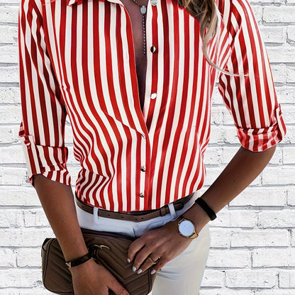 Striped Print Button Front Shirt, Elegant Long Sleeve Business Work Shirt With A Collar, Women's Clothing