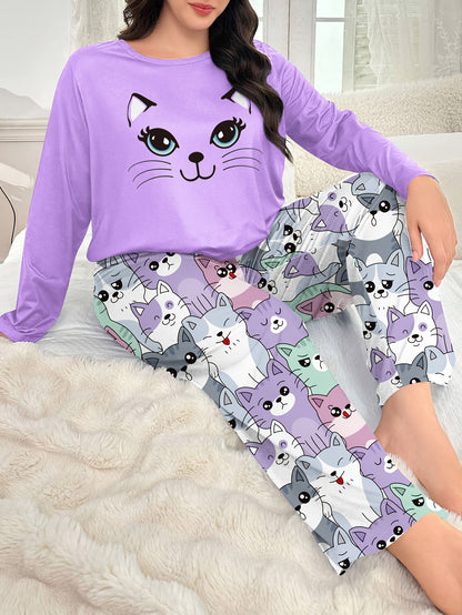 Plus Size - Plus Size Women'S Cozy Long Sleeve Pajama Set with Adorable Print - Soft Purple &, All-Season Comfort, Casual Home Wear, Perfect for Fall & Winter