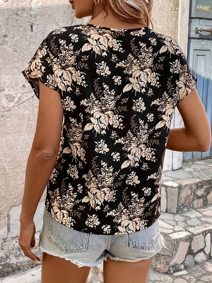 Vintage Graphic Print Cut Out Blouse, Casual Batwing Sleeve Blouse For Spring & Summer, Women's Clothing