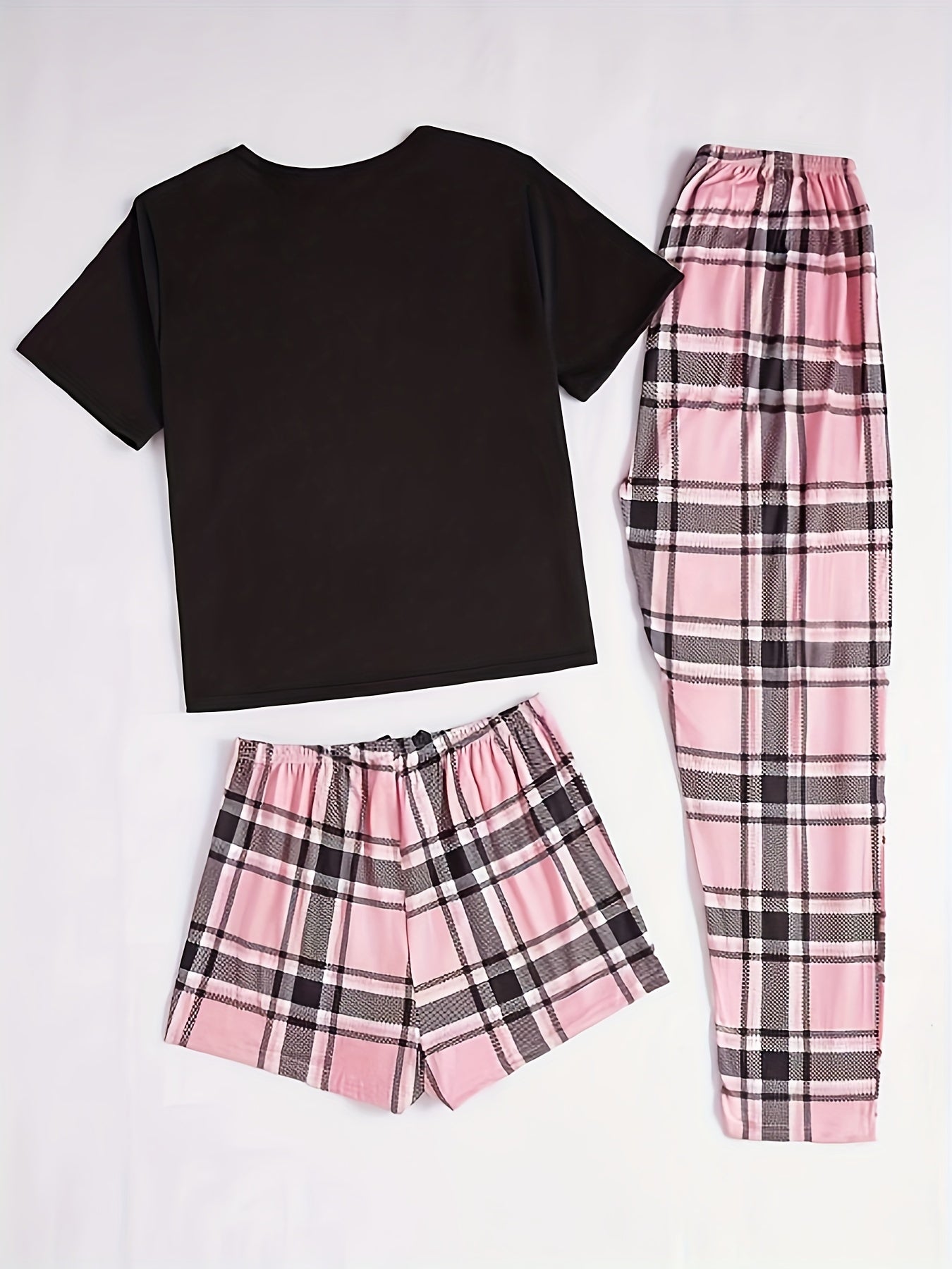 3-Piece Casual Women's Pink Heart Plaid Pajama Set with Round Neck and Plaid Pattern for Adults, Made of Polyester