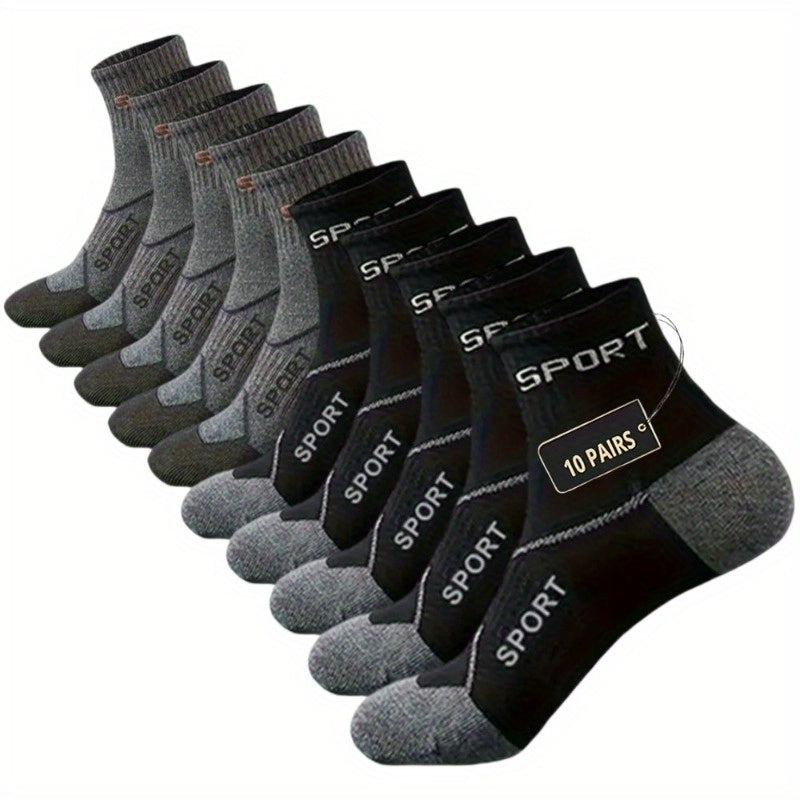 10 Pairs THCBME Men's Low-Cut Athletic Socks, Heavy-Duty Black/Gray/Beige/White, Numbered 1-10 for Easy Pairing, Durable Comfort for, Gym,, Casual Wear (Bulk Pack)