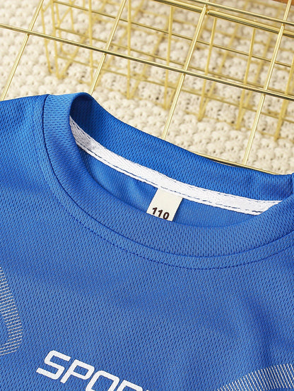 2pcs Boy's "Sport" Outfit Short Sleeves Round Neck T-shirt & Shorts Casual For Summer Daily And Outdoor Wear