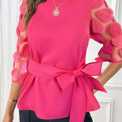 Elegant Off-Shoulder Blouse with Sheer Mesh Panel &amp; Tie-Waist Detail - Chic Solid Color, Half-Sleeve Design, Machine Washable - Perfect for Stylish Outfits