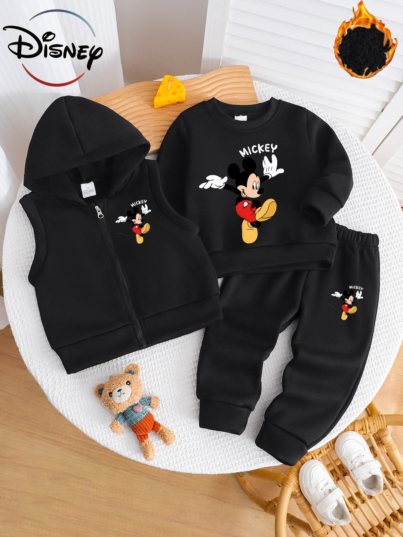 Boys' Autumn/Winter New Three-Piece Set with Mickey Mouse Classic Cartoon Print Long-Sleeve Round Neck Hoodie and Zip-Up Sleeveless Top, Matching Printed Sweatpants - Fleece-Lined Thickened Warm Comfortable Outfit for Parties