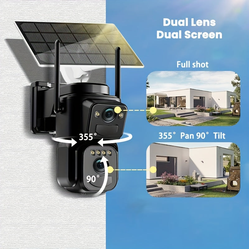 Multifunctional Security Camera with Solar Panel 2K 300W Pixel Video Resolution Wireless Outdoor WiFi Security Monitoring High-definition Dual Lens Automatic Rotation Pan Tilt Night Vision Motion Detection Bidirectional Call