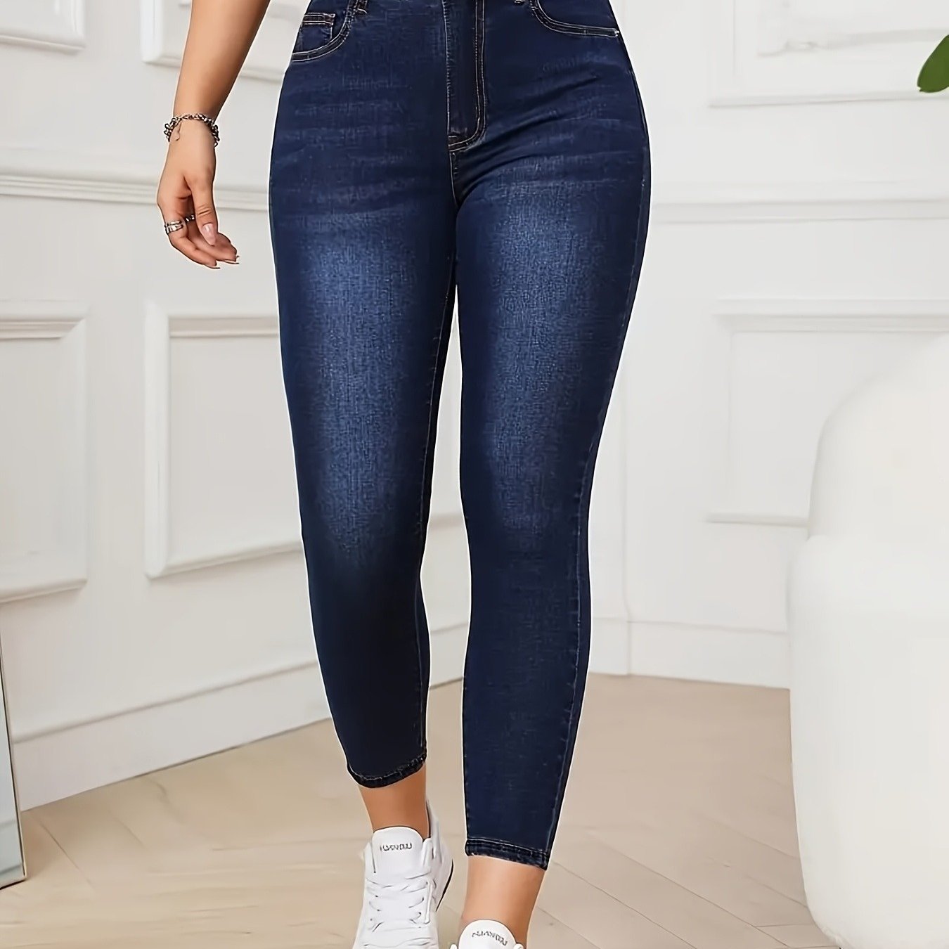 [Denim Print/Imitation Denim] Women's High-Waisted Stretchy Imitation Denim Leggings - Non-Denim Fabric Tight-Fitting Pants with Elastic Waistband, 9/10 Length Ankle Coverage, All-Season Casual to Semi-Formal Wear, Machine Wa