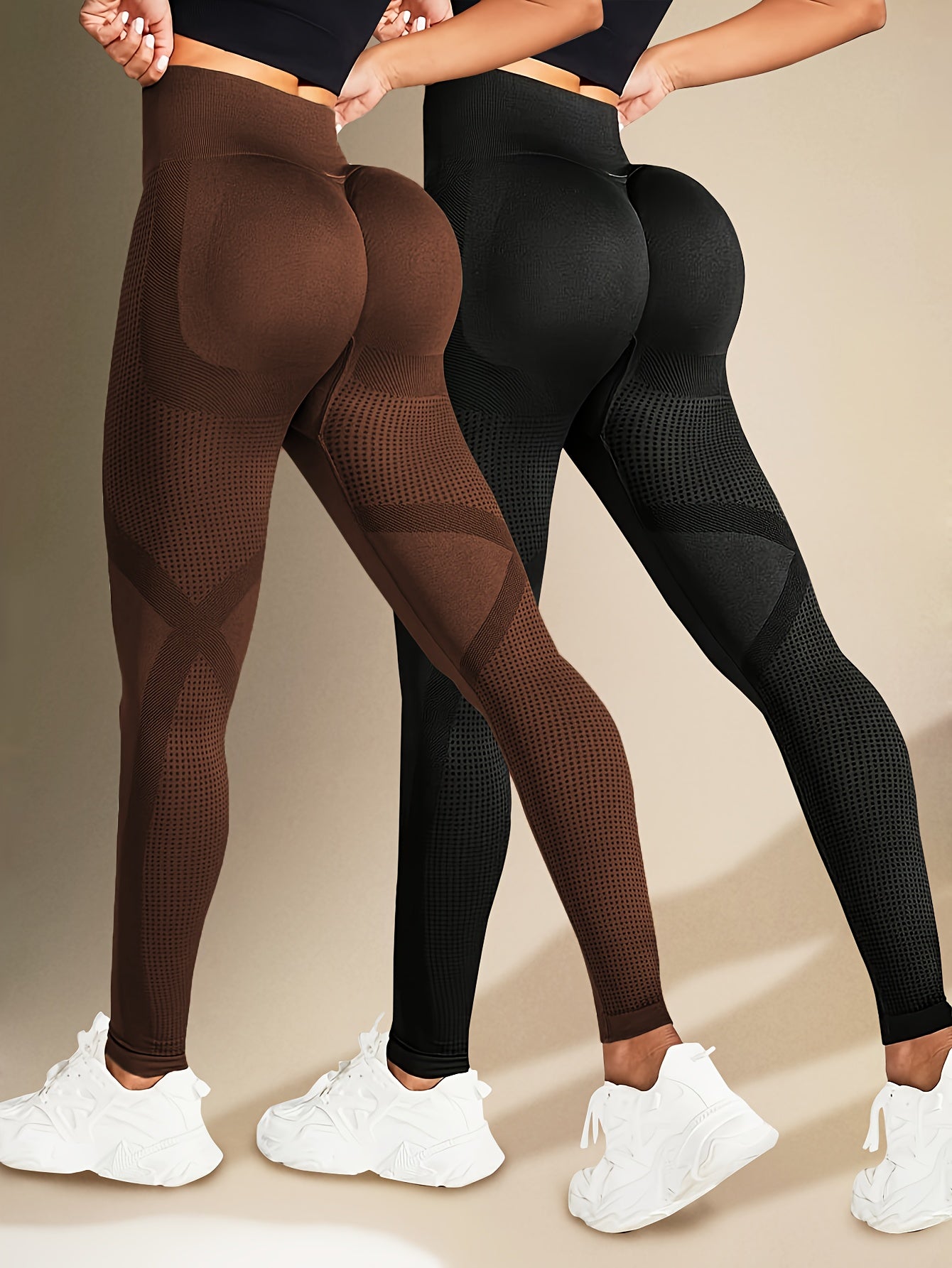 Two Solid Color High-Elasticity Fitness Yoga Leggings - Abdominal Control, Pleated, Elastic Waistband, Long Length, Made of Polyamide And Elastic Materials - Suitable for Women'S Activewear, Exercise, And All Seasons.