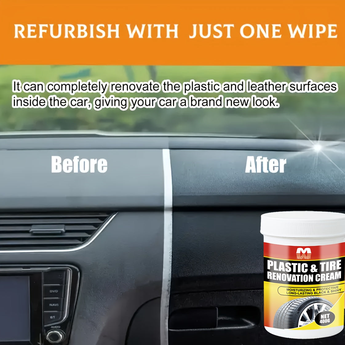 400g Multi-Surface Restorer Cream - Plastic & Tire Black Restoration, Anti-Aging Formula for Car Dashboard, Wheel Hubs, Sofa Seats - Universal Use, Before & After Results