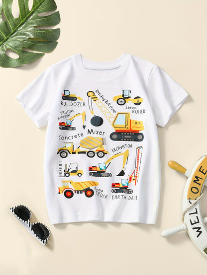Boys' Cotton Short Sleeve T-Shirt with Cartoon Excavator Print, Breathable Summer Trend