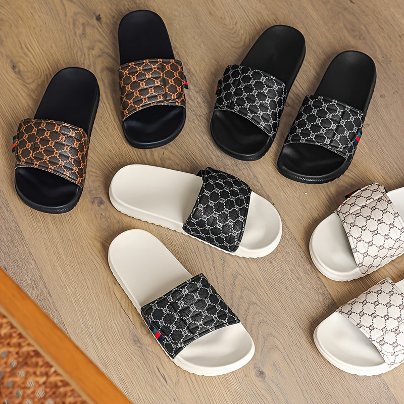 Men's Luxury Slip-On Slippers - Thick Cushioned EVA Sole & Soft PU Upper with Striped Pattern, All-Season Indoor/Outdoor House Shoes for Men, Comfortable Casual & Party Footwear (Black/White, Beige/Brown) - Unisex-Friendly De