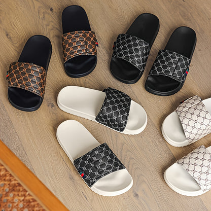 Men's Luxury Slip-On Slippers - Thick Cushioned EVA Sole & Soft PU Upper with Striped Pattern, All-Season Indoor/Outdoor House Shoes for Men, Comfortable Casual & Party Footwear (Black/White, Beige/Brown) - Unisex-Friendly De