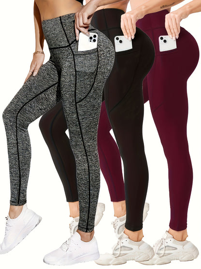 3pcs High-Waist Yoga Leggings with Pockets - Tummy Control, Slimming Effect, Stretchy & Breathable Fabric, Black/Brown/Gray, Perfect for Yoga & Casual Attire