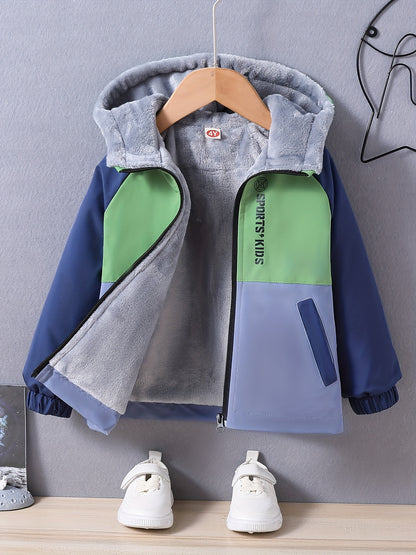 Boys' Casual Hooded Windbreaker Jacket, 100% Polyester, Long Sleeve Raglan Zip-Up Outdoor Coat with Alphabet Pattern, Non-Stretch Fabric, Regular Fit for Fall/Winter - Warm & Windproof